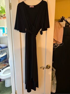 Black Wrap-Style Maxi Dress with Tie Waist
